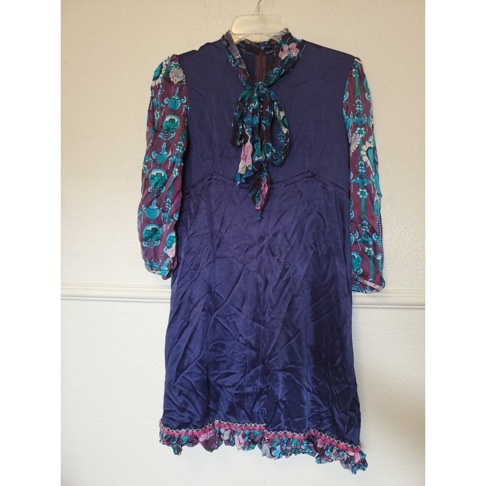 Custo Barcelona Blue Floral Silk  Empire Waist Bow Mod‎ Dress Size 1 XS